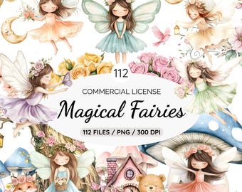 Watercolor Magical Garden Fairies Clipart, Fairy Garden Clipart, Cute nature fairies Forest, Birthday Bundle, Pink Fairytale, Fairyland Png