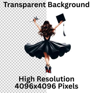 May include: Illustration of a graduate in a black dress, holding a diploma and a graduation cap. The image has the text "Transparent Background" and "High Resolution 4096x4096 Pixels". The graduate is wearing black high heels.