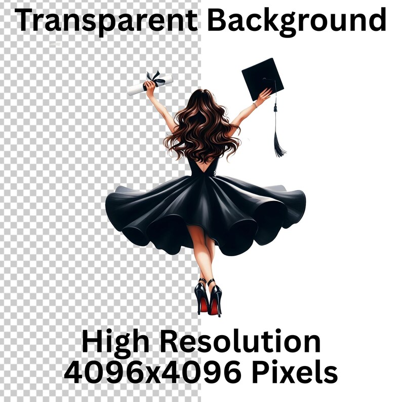 May include: Illustration of a graduate in a black dress, holding a diploma and a graduation cap. The image has the text "Transparent Background" and "High Resolution 4096x4096 Pixels". The graduate is wearing black high heels.