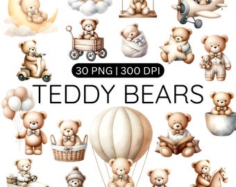 Neutral Teddy Bear Clipart, Watercolor Teddy Bear Clipart, Nursery Clipart, Baby Shower Clipart, Brown Bear Sublimination, Commercial Use