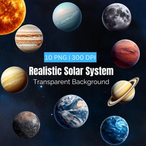 Realistische zonnestelsel clipart, planeten clipart, ruimte illustratie, 10 transparante achtergrond PNG, commercieel gebruik, afdrukbare kunst
