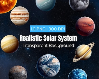 Clipart realista do sistema solar, clipart de planetas, ilustração espacial, 10 PNG de fundo transparente, uso comercial, arte para impressão