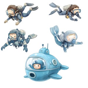 May include: Watercolor illustration of divers and a submarine. Four divers are shown wearing scuba gear, including masks, tanks, and flippers. A light blue submarine with a person inside is also depicted. The overall theme is underwater exploration.