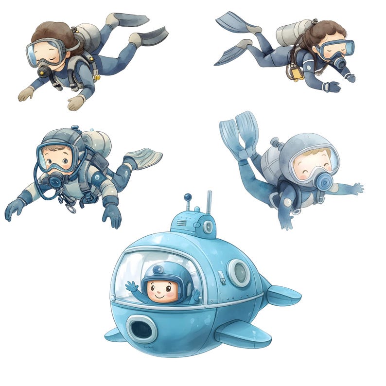 May include: Watercolor illustration of divers and a submarine. Four divers are shown wearing scuba gear, including masks, tanks, and flippers. A light blue submarine with a person inside is also depicted. The overall theme is underwater exploration.