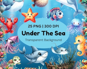 Under the Sea Watercolor Clipart, Cute ocean animals png, Under Water Animal Clipart, octopus, jellyfish, Marine baby Animals, Nursery Art