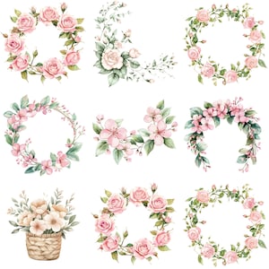 K&ouml;nnte beinhalten: Aquarellillustrationen von Blumenarrangements. Das Bild zeigt neun verschiedene Designs, darunter Kr&auml;nze und Eckarrangements, mit rosa Rosen und anderen Blumen. Ein Weidenkorb mit Blumen ist ebenfalls abgebildet.