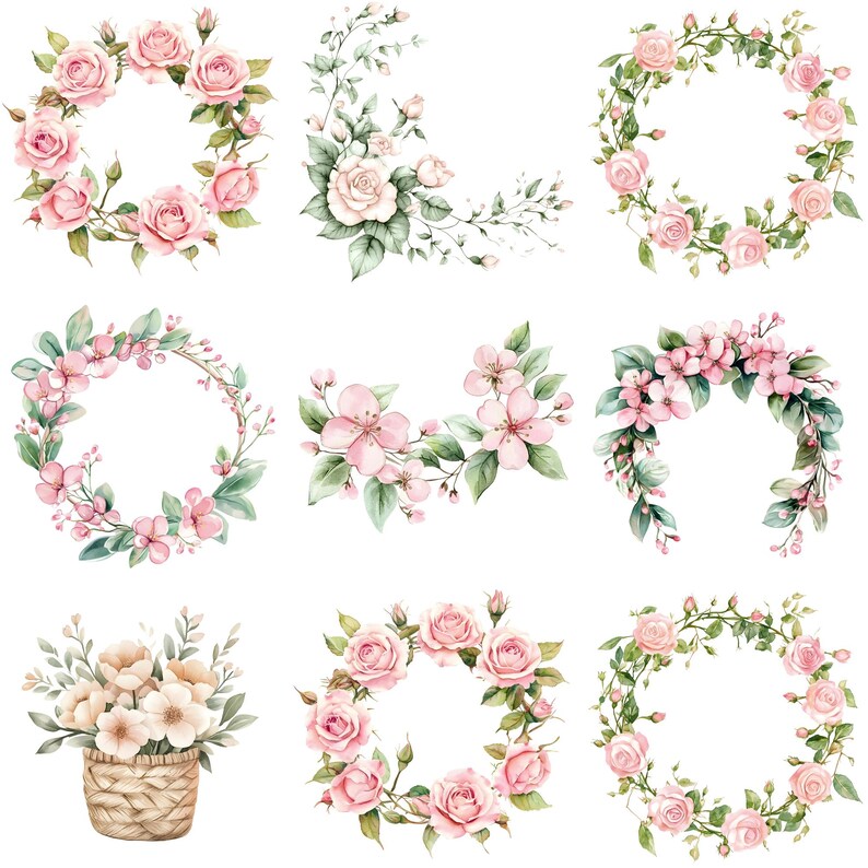 K&ouml;nnte beinhalten: Aquarellillustrationen von Blumenarrangements. Das Bild zeigt neun verschiedene Designs, darunter Kr&auml;nze und Eckarrangements, mit rosa Rosen und anderen Blumen. Ein Weidenkorb mit Blumen ist ebenfalls abgebildet.