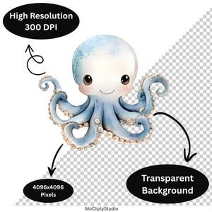 May include: Watercolor illustration of a cute octopus with a light blue body and white head. The octopus has large brown eyes and a smiling expression. The image is high resolution with a transparent background.