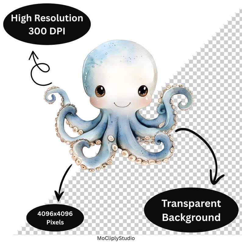 May include: Watercolor illustration of a cute octopus with a light blue body and white head. The octopus has large brown eyes and a smiling expression. The image is high resolution with a transparent background.