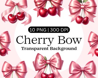 Cherry Bow Clipart, Watercolor Cherries with Pink Ribbon, Coquette Cherry Bow Clipart, Pink Bow Clipart, Transparent PNG, Digital Download