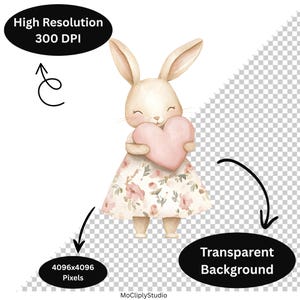 K&ouml;nnte beinhalten: Aquarell-Illustration eines Hasen, der ein rosa Herz h&auml;lt. Der Hase tr&auml;gt ein gebl&uuml;mtes Kleid mit rosa Blumen und gr&uuml;nen Bl&auml;ttern. Das Bild hat einen transparenten Hintergrund und ist hochaufl&ouml;send, 4096x4096 Pixel, 300 DPI. Von MoCliplyStudio.