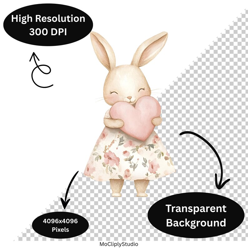 K&ouml;nnte beinhalten: Aquarell-Illustration eines Hasen, der ein rosa Herz h&auml;lt. Der Hase tr&auml;gt ein gebl&uuml;mtes Kleid mit rosa Blumen und gr&uuml;nen Bl&auml;ttern. Das Bild hat einen transparenten Hintergrund und ist hochaufl&ouml;send, 4096x4096 Pixel, 300 DPI. Von MoCliplyStudio.
