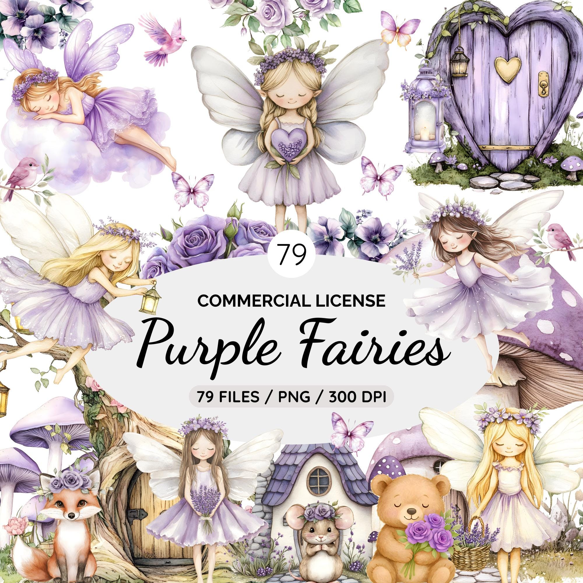 Watercolor Fairy Garden Clipart, Purple Fairies Clipart, Magical Garden ...