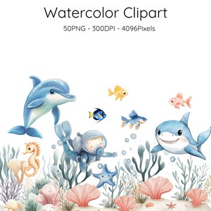 May include: Watercolor clipart featuring a blue dolphin, a smiling shark, and a scuba diver with various fish and sea creatures. The image includes the text "Watercolor Clipart" and details about the file size.