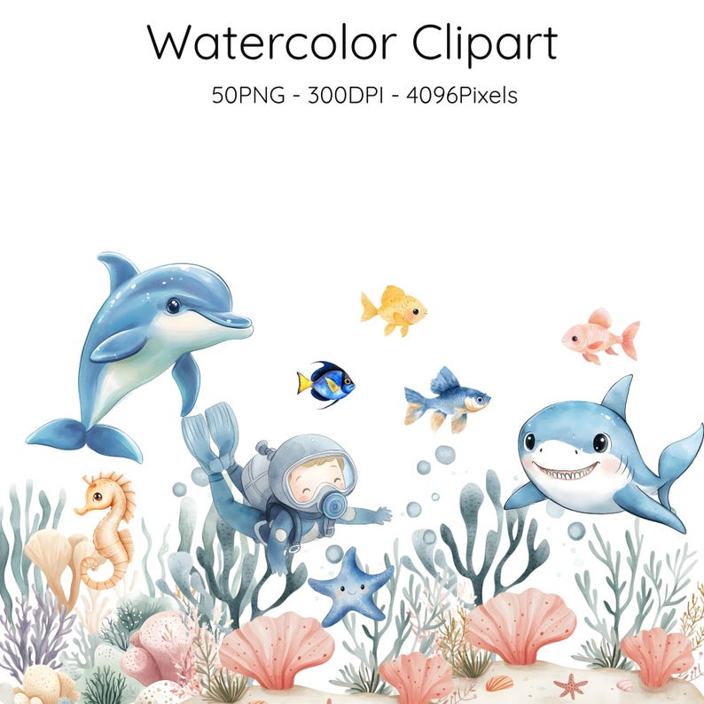 May include: Watercolor clipart featuring a blue dolphin, a smiling shark, and a scuba diver with various fish and sea creatures. The image includes the text "Watercolor Clipart" and details about the file size.