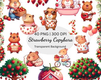 Strawberry Capybara Clipart, Cute Capybara Graphics, Sweet Clipart, Strawberries PNG, Watercolor Capybara Clipart, Transparent Background
