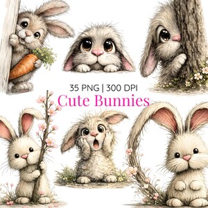 Könnte beinhalten: Eine Sammlung niedlicher Hasenillustrationen. Die Hasen werden in verschiedenen Posen dargestellt, einige schauen hinter Objekten hervor, halten Karotten oder sind von Blumen umgeben. Der Text "Cute Bunnies" ist in Pink dargestellt.
