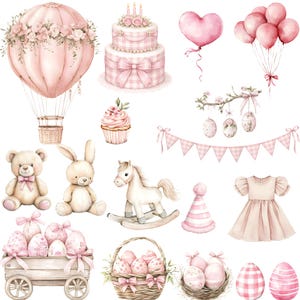 K&ouml;nnte beinhalten: Aquarell-Illustration verschiedener rosa-wei&szlig;er Objekte, darunter ein Hei&szlig;luftballon, Kuchen, Luftballons, Stofftiere, Ostereier und ein Kleid. Das Bild hat eine weiche, pastellfarbene &Auml;sthetik, perfekt f&uuml;r Babypartys oder Ostern.