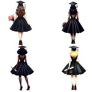 May include: Four illustrations of graduates in black dresses and mortarboards. Each figure is viewed from the back, showcasing different hairstyles and skin tones. Some hold bouquets or diplomas, with red-soled heels.