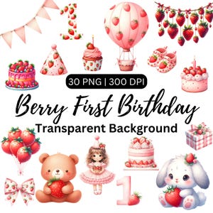 Fraise premier anniversaire des cliparts, des cliparts aux fraises, des petits fruits doux Baby Shower Png, aquarelle des cliparts pour chambre d'enfant, dessert PNG, PNG Transparent