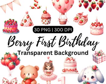 Strawberry First Birthday Clipart, Strawberry Clipart, Berry Sweet Baby Shower Png, Watercolor nursery Clipart, Dessert PNG, Transparent PNG