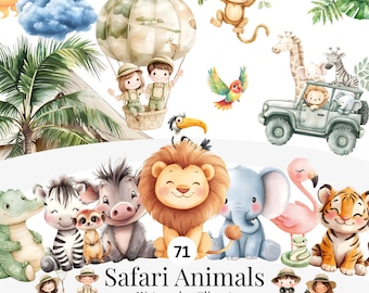 May include: Watercolor clipart set featuring various safari animals, including a lion, elephant, zebra, and giraffe. The image also includes a hot air balloon with two people, a jeep, and the text "71 Safari Animals Watercolor Clipart".