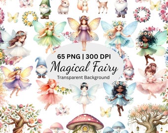 May include: A collection of watercolor illustrations featuring fairies, gnomes, woodland creatures, and floral elements. The image includes the text "Magical Fairy" and "65 PNG | 300 DPI | Transparent Background". The color palette includes pastels and soft hues.