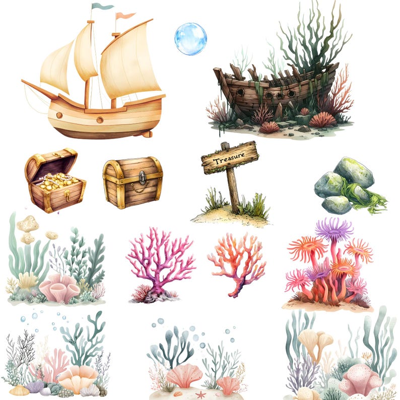 May include: Watercolor illustration of a pirate theme. Includes a wooden ship with sails, a treasure chest filled with gold, a sunken ship, coral, and a sign that says "Treasure".
