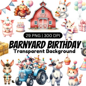 Aniversário de fazenda, Aniversário de animais de fazenda, Clipart de aquarela, Animais bebês, Clipart de chá de bebê de fazenda, Clipart fofo de fazenda, Clipart de festa infantil