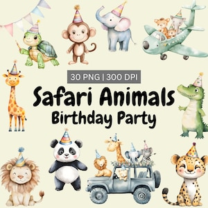 Clipart anniversaire Safari, Clipart anniversaire bébé animal, Clipart anniversaire animaux Safari, Clipart aquarelle jungle mignon, Safari chambre d'enfant PNG
