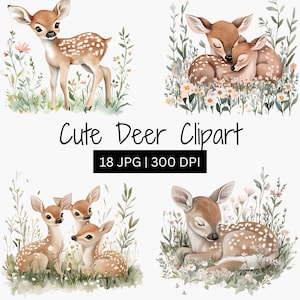 18 Watercolor Deer Clipart, Forest Animal Clipart, Woodland Fawn with Flowers, Cute Deer With Flower Nursery Clipart, High Quality JPG