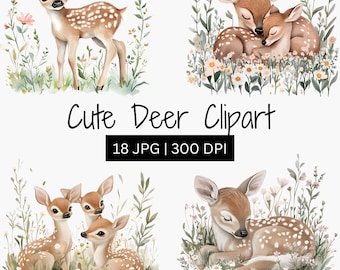 18 clipart de veado em aquarela, clipart de animal da floresta, veado da floresta com flores, clipart fofo de veado com flores para viveiro, JPG de alta qualidade