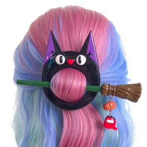 Black Cat Hair Clip – Witchy Bun Pin with Broom & Bread | Ghibli Cosplay Hair Accessory