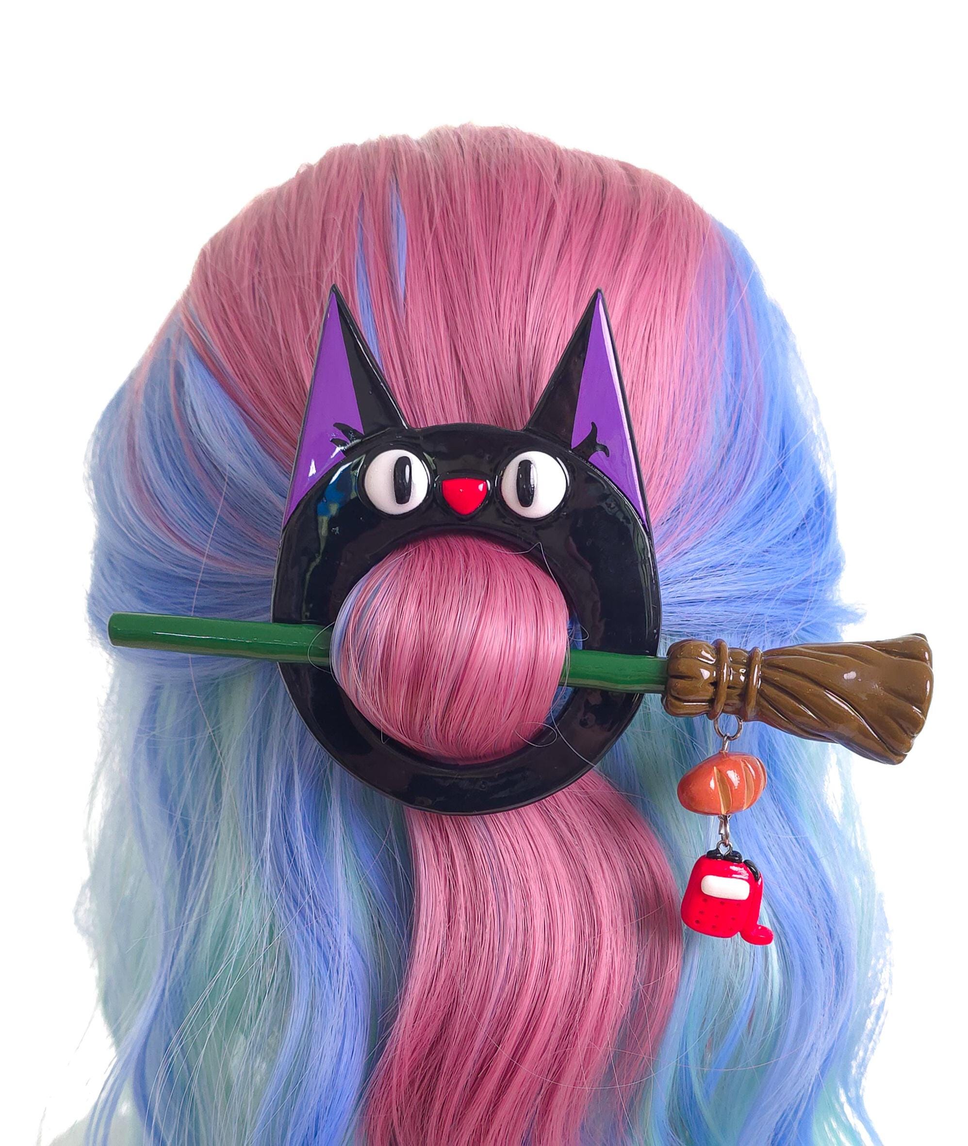 Black Cat Hair Clip – Witchy Bun Pin with Broom & Bread | Ghibli Cosplay Hair Accessory