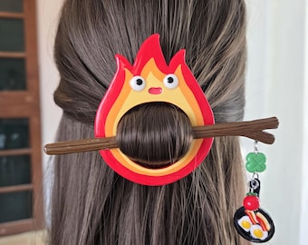 Calcifer Hair Stick Barrette | Ghibli Hair Pin, Fire Spirit Clip, Polymer Clay Bun Pin, Gift for Anime Lover