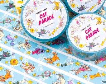 Cinta washi Cat Parade, 15 mm de ancho, adorables diseños de gatos mágicos para diarios, álbumes de recortes y manualidades.