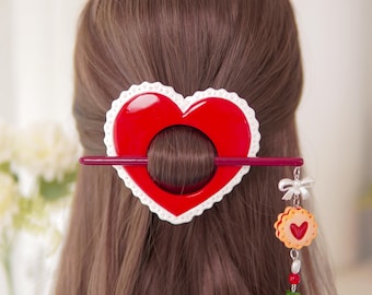 Kawaii Heart Hair Stick – Handmade Polymer Clay Bun Pin with Strawberry Cookie Charm | Cute Gift for Her