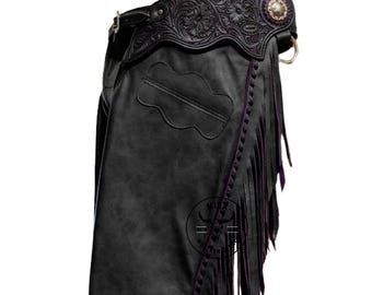 Black Waxy Leather Western Chaps for Show, Riding, Ranch | 8-Inch Fringes, Durable Ranchwear Handmade Chaps