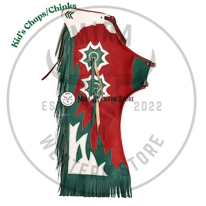 May include: A pair of red, green, and white leather chaps for children featuring long fringe along the side, decorative star-shaped cutouts, and adjustable straps. The text "Kid's Chaps/Chinks" and "MIRA WESTERN STORE EST 2022" is visible on the item.