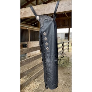 Black Smooth Leather Western Chaps for Show, Riding, Ranch | 8-Inch Fringes, Durable Ranchwear Handmade Chaps