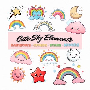 Rainbow Clipart, Cute Kawaii Sky, Boho Rainbow, Baby Rainbow Bundle, Star, Cloud, Moon, Pastel, Rainbow with Heart, PNG, Digital Download