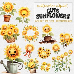 Watercolor Cute Sunflower ClipArt Bundle, Sunflowers Clipart, Boho Flowers, Flower Wreath, Rustic Wedding, Floral PNG & SVG, Commercial Use