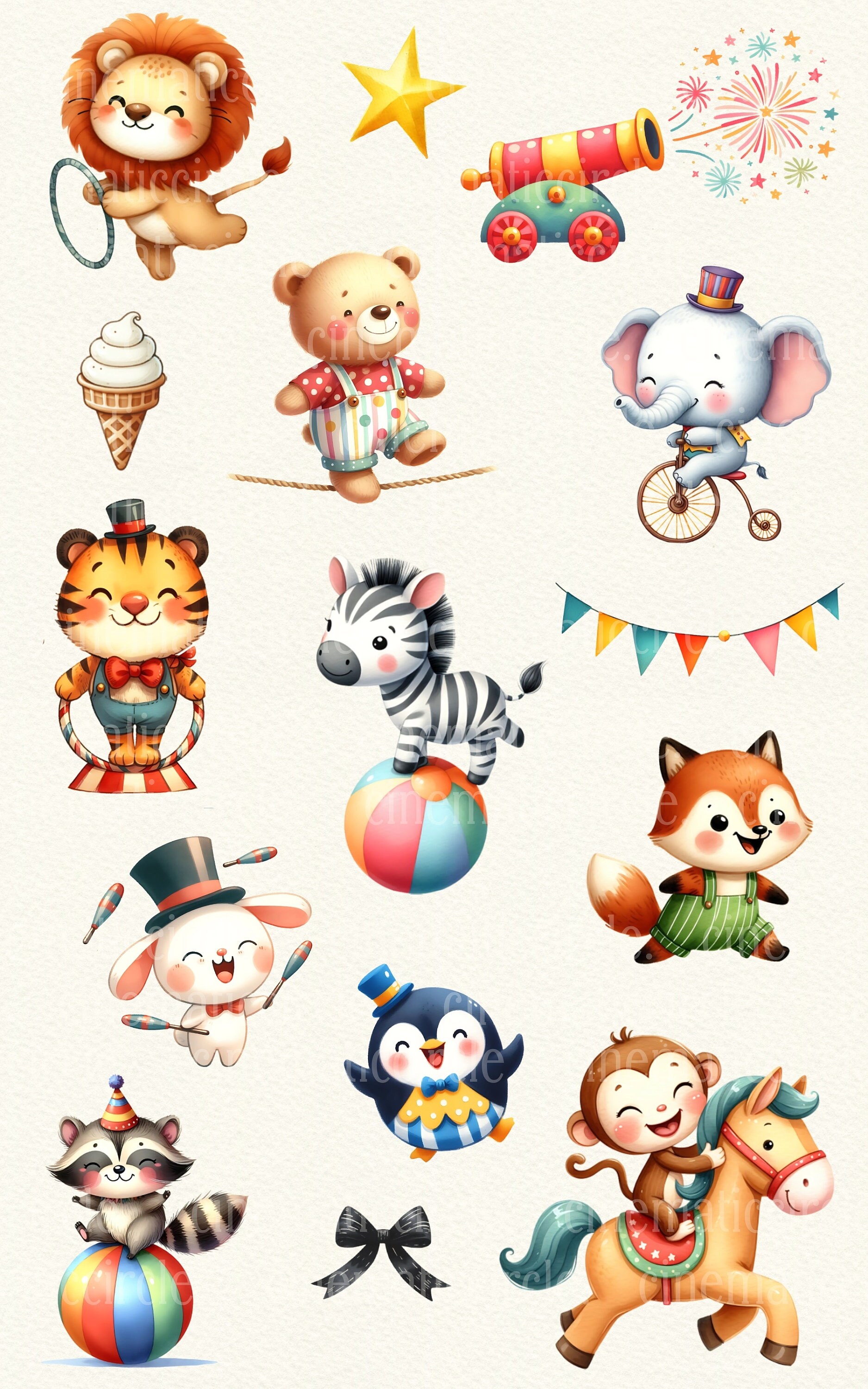 65 Circus Show Clipart Bundle, Cute Animals Illustration, Watercolor ...