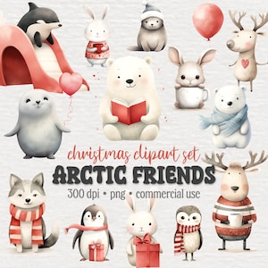 Paquete de imágenes prediseñadas de animales de Navidad, conjunto PNG de acuarela ártica, lindos animales bebés, Papá Noel, regalos, globo de corazón, Polo Norte, Descarga digital