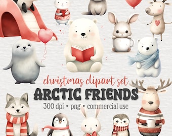 Christmas Animals Clipart Bundle, Arctic Watercolor PNG Set, Cute Baby Animals, Santa, Presents, Heart Balloon, North Pole, Digital Download