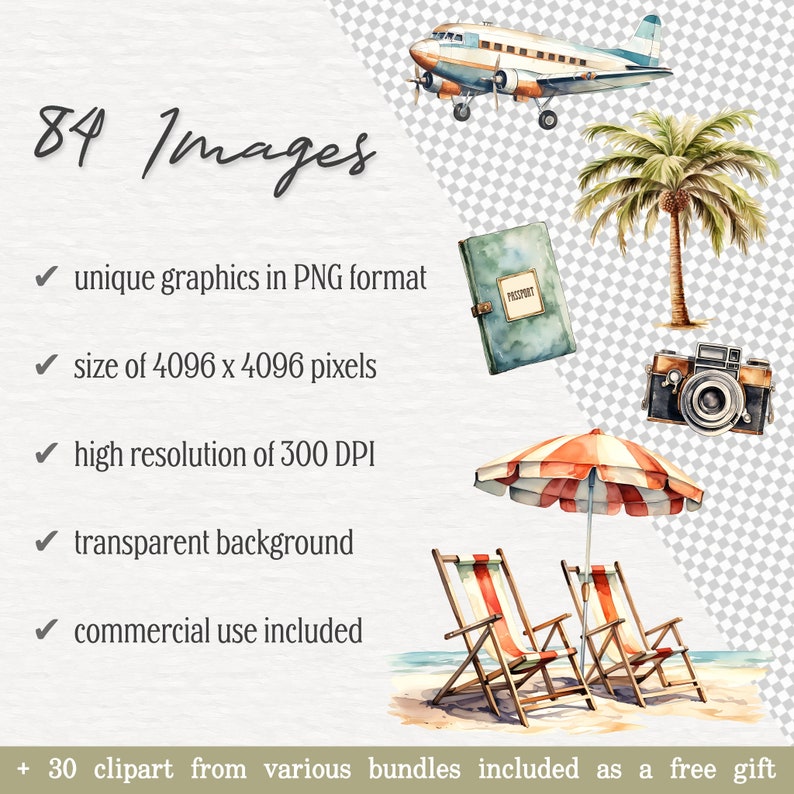 May include: A set of 84 watercolor illustrations featuring travel and vacation themes. The illustrations include a palm tree, beach chairs, an umbrella, a passport, a camera, and a vintage airplane. The illustrations are in PNG format and have a transparent background.
