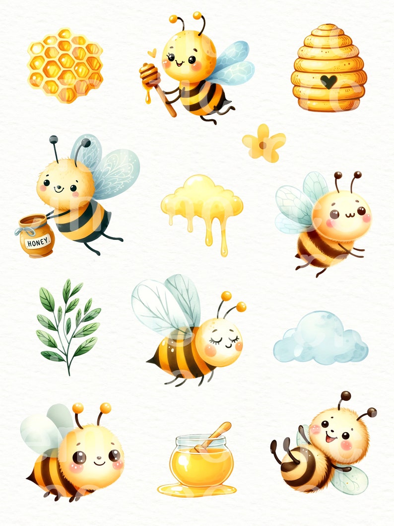May include: A set of cute cartoon bee illustrations with honeycombs, honey jars, and clouds. The bees are yellow and black with big eyes and smiles. The illustrations are perfect for adding a touch of whimsy to any project.