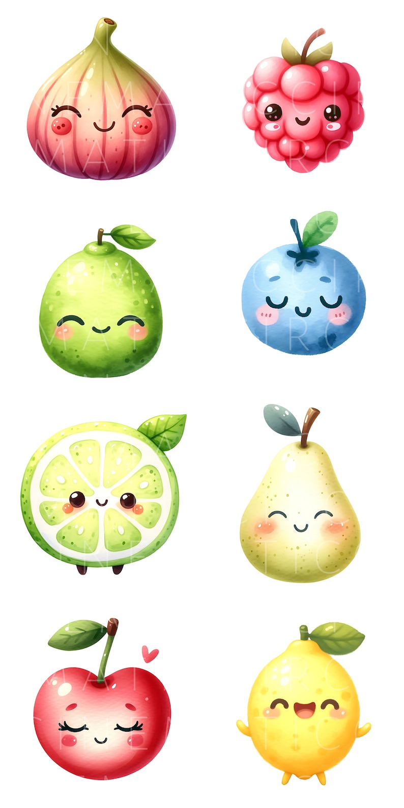K&ouml;nnte beinhalten: Ein Set aus neun Cartoon-Fr&uuml;chten und Beeren mit l&auml;chelnden Gesichtern. Die Fr&uuml;chte umfassen eine Feige, eine Limette, eine Zitrone, eine Birne, eine Kirsche und eine Blaubeere. Die Beeren sind eine Himbeere und eine Erdbeere.