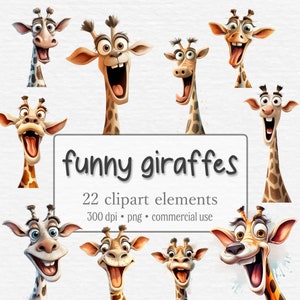Funny and Crazy Giraffe Clipart Bundle, Giraffes PNG, Watercolor Safari, Cute Animals, Funny Giraffe Face, Commercial Use, Digital Download