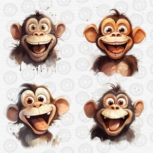 Puede incluir: Cuatro ilustraciones digitales de monos con la boca muy abierta, mostrando sus dientes y ojos grandes. Los monos son todos marrones y tienen un efecto acuarela.